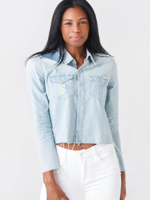 Mother Women's The Super Ex's Crop Fray Button-Up Shirt Jacket -Clothing Line Store 2335