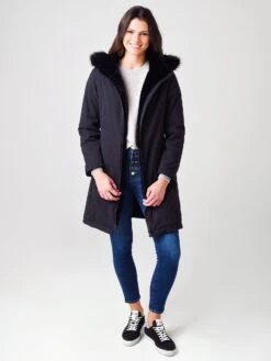 Herno Women's Straight Fitted Coat With Faux-Fur Lining And Faux-Fur Collar -Clothing Line Store GC0291DxBLACKxAlt3 17277021