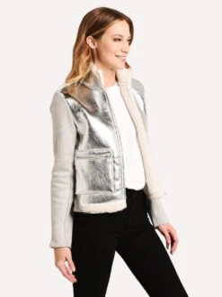 Majestic Long Sleeve Jacket With Metallic Leather -Clothing Line Store M140 FVE076 METALSILVERalt2