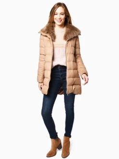 Herno Women’s Woven Half Coat With Fur Collar -Clothing Line Store PI0379D CAMMELLOalt2