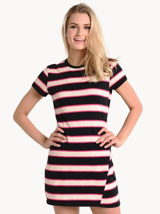 Pam & Gela Striped T-Shirt Dress With Torqued Seam -Clothing Line Store aj71541488 black pink creamstripe a3dbea93 fa6d 4778 bd66 ecb7fb644836