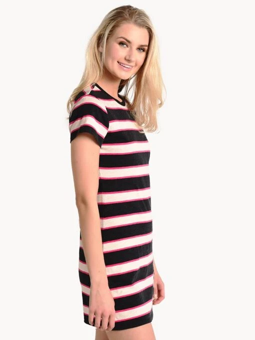 Pam & Gela Striped T-Shirt Dress With Torqued Seam -Clothing Line Store aj71541488 black pink creamstripealt1