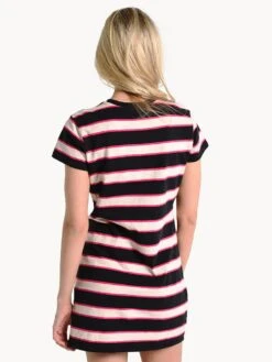 Pam & Gela Striped T-Shirt Dress With Torqued Seam -Clothing Line Store aj71541488 black pink creamstripealt2