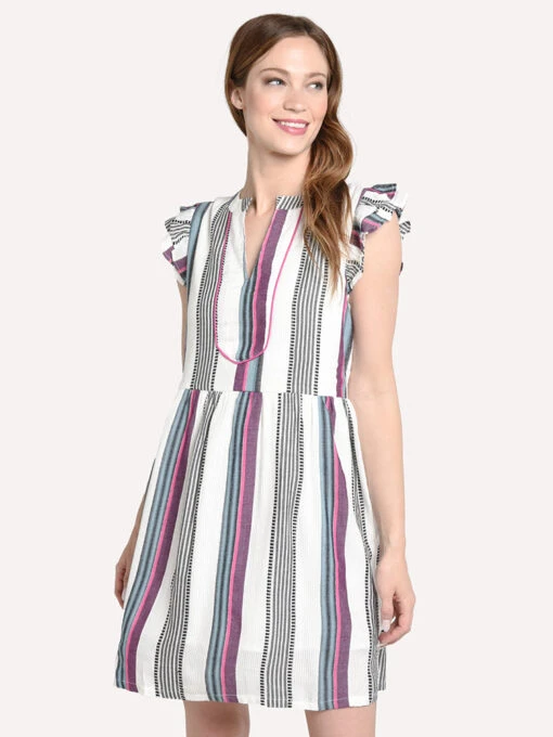 THML Women's Flutter Sleeve Stripe Dress -Clothing Line Store srt0214 grey